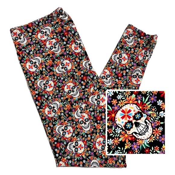 NEW LuLaRoe Halloween Candy Skulls Leggings Multi Flower OS TC TC2 Plus Comfy - Picture 1 of 5
